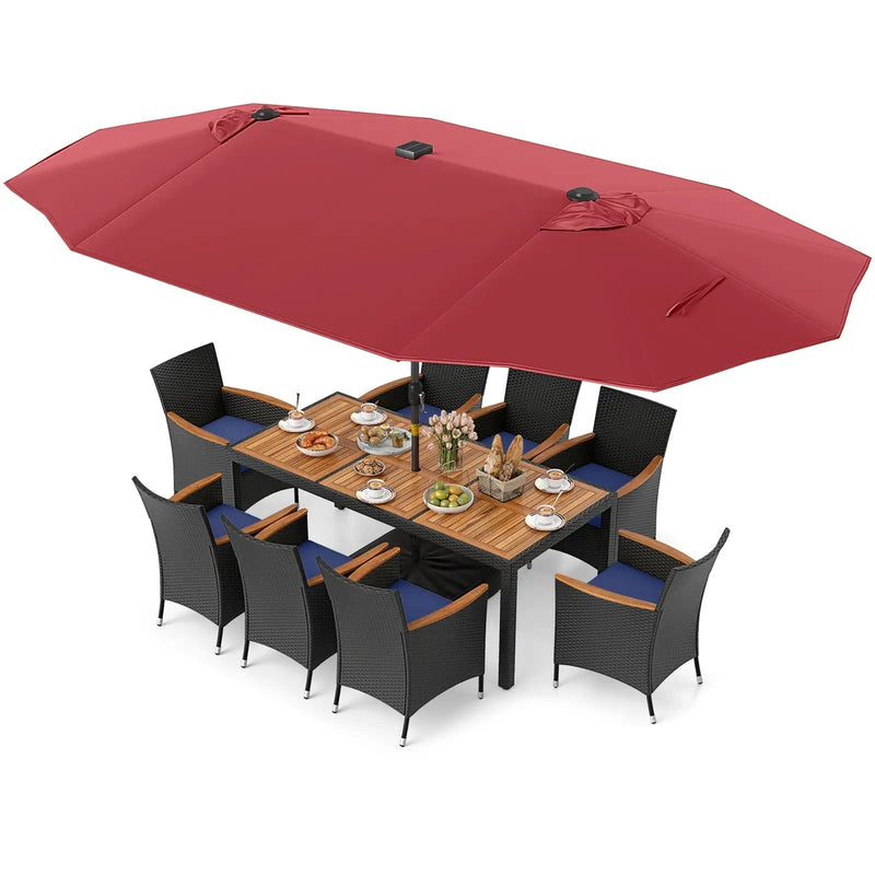 11 Pieces Patio Dining Set with LED Patio Umbrella with Base and Seat Cushions (Navy) by DirectDeals