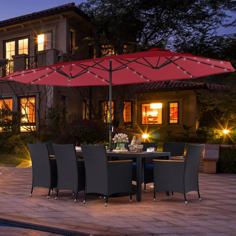 11 Pieces Patio Dining Set with LED Patio Umbrella with Base and Seat Cushions (Navy) by DirectDeals