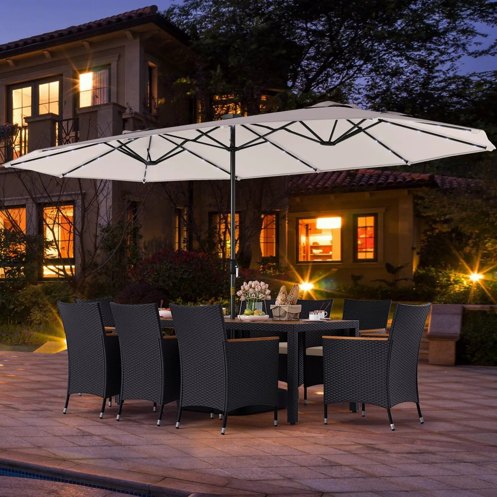 11 Pieces Patio Dining Set with LED Patio Umbrella with Base and Seat Cushions (Beige) by DirectDeals