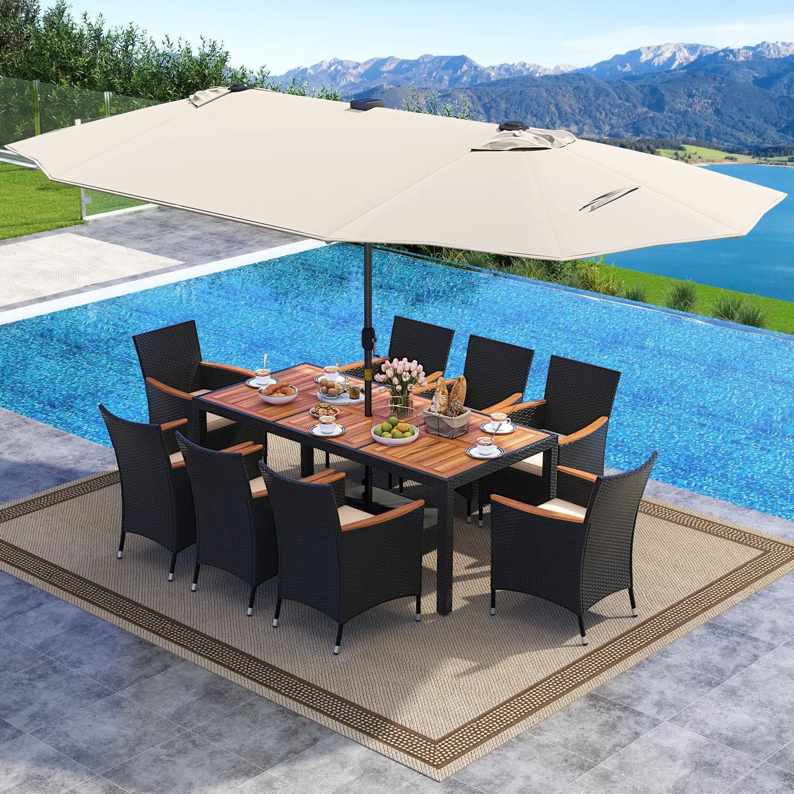 11 Pieces Patio Dining Set with LED Patio Umbrella with Base and Seat Cushions (Beige) by DirectDeals