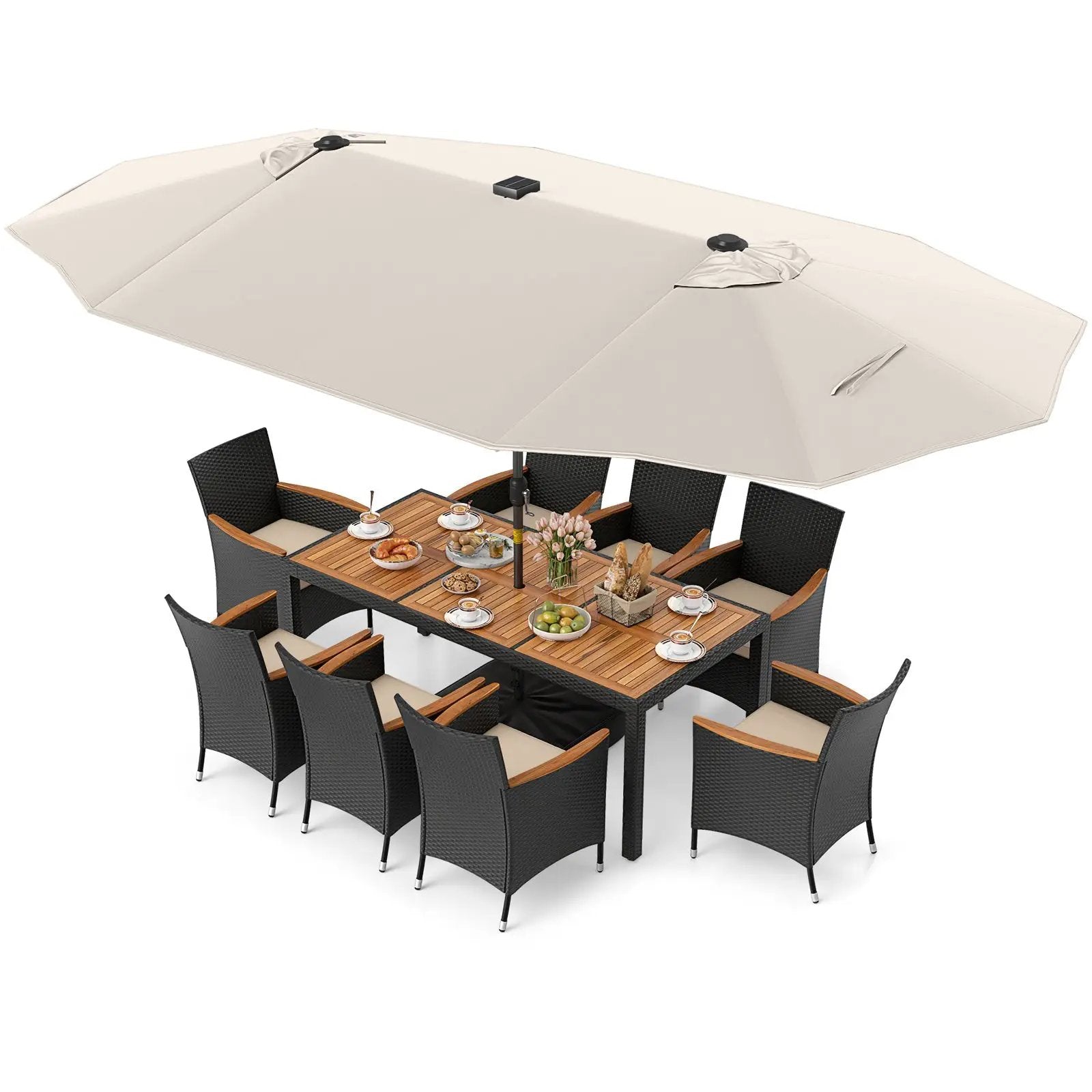 11 Pieces Patio Dining Set with LED Patio Umbrella with Base and Seat Cushions (Beige) by DirectDeals
