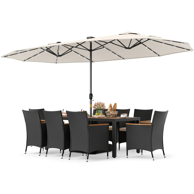11 Pieces Patio Dining Set with LED Patio Umbrella with Base and Seat Cushions (Beige) by DirectDeals