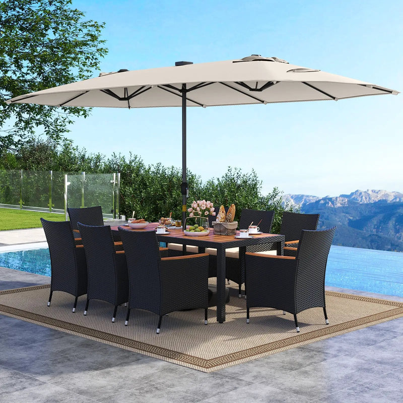 11 Pieces Patio Dining Set with LED Patio Umbrella with Base and Seat Cushions (Beige) by DirectDeals