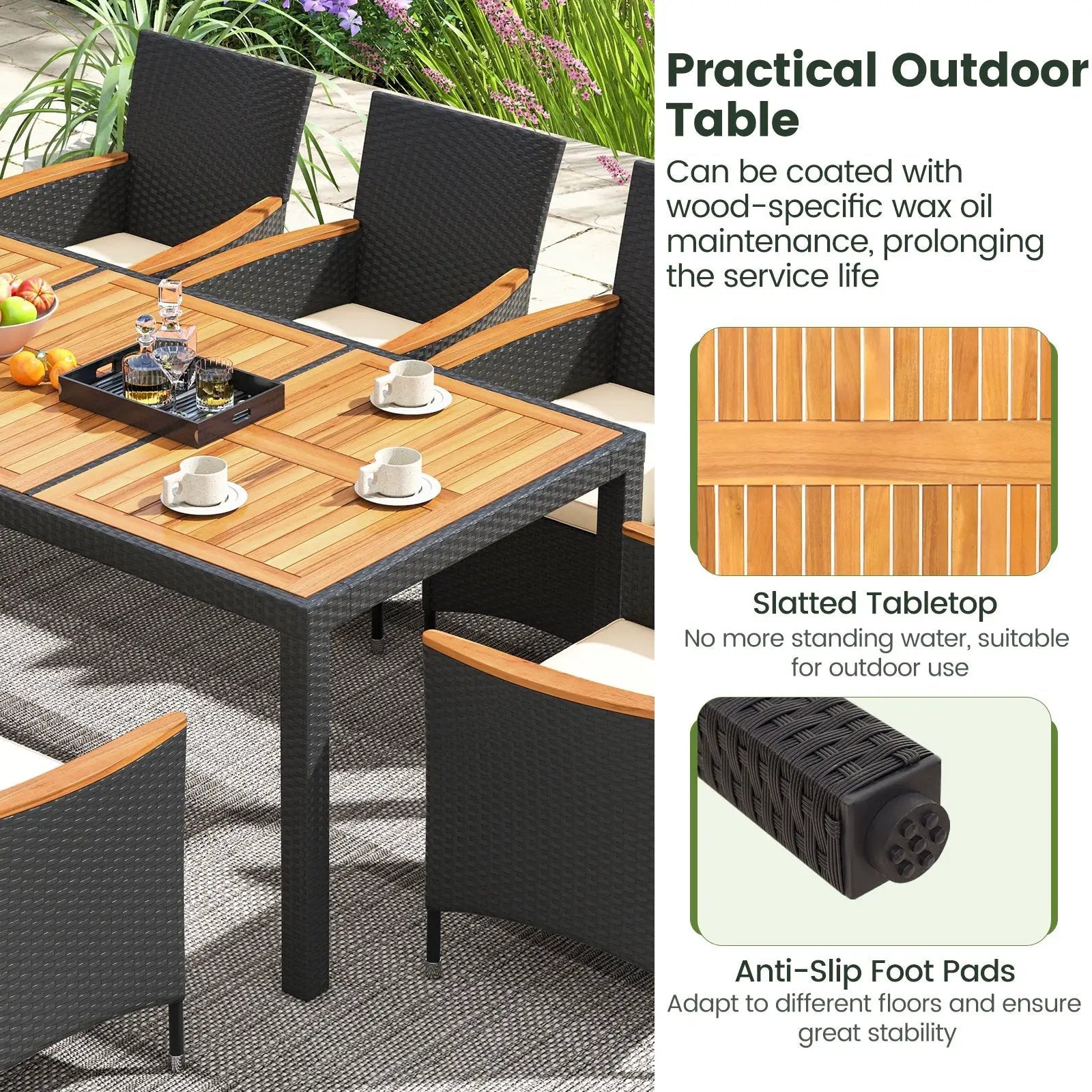 11 Pieces Patio Dining Set with LED Patio Umbrella with Base and Seat Cushions (Beige) by DirectDeals