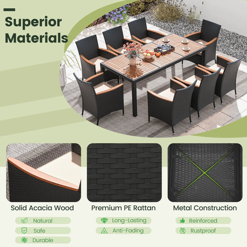 11 Pieces Patio Dining Set with LED Patio Umbrella with Base and Seat Cushions (Beige) by DirectDeals
