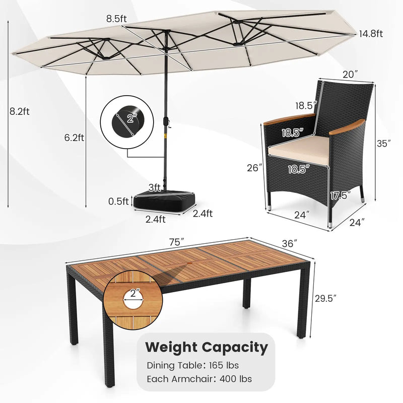 11 Pieces Patio Dining Set with LED Patio Umbrella with Base and Seat Cushions (Beige) by DirectDeals