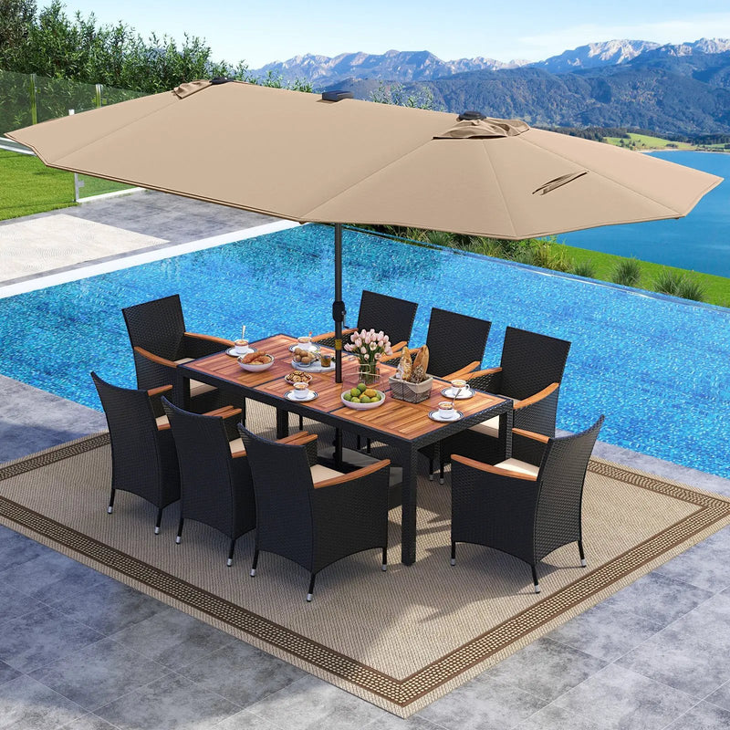 11 Pieces Patio Dining Set with LED Patio Umbrella with Base and Seat Cushions (Beige) by DirectDeals