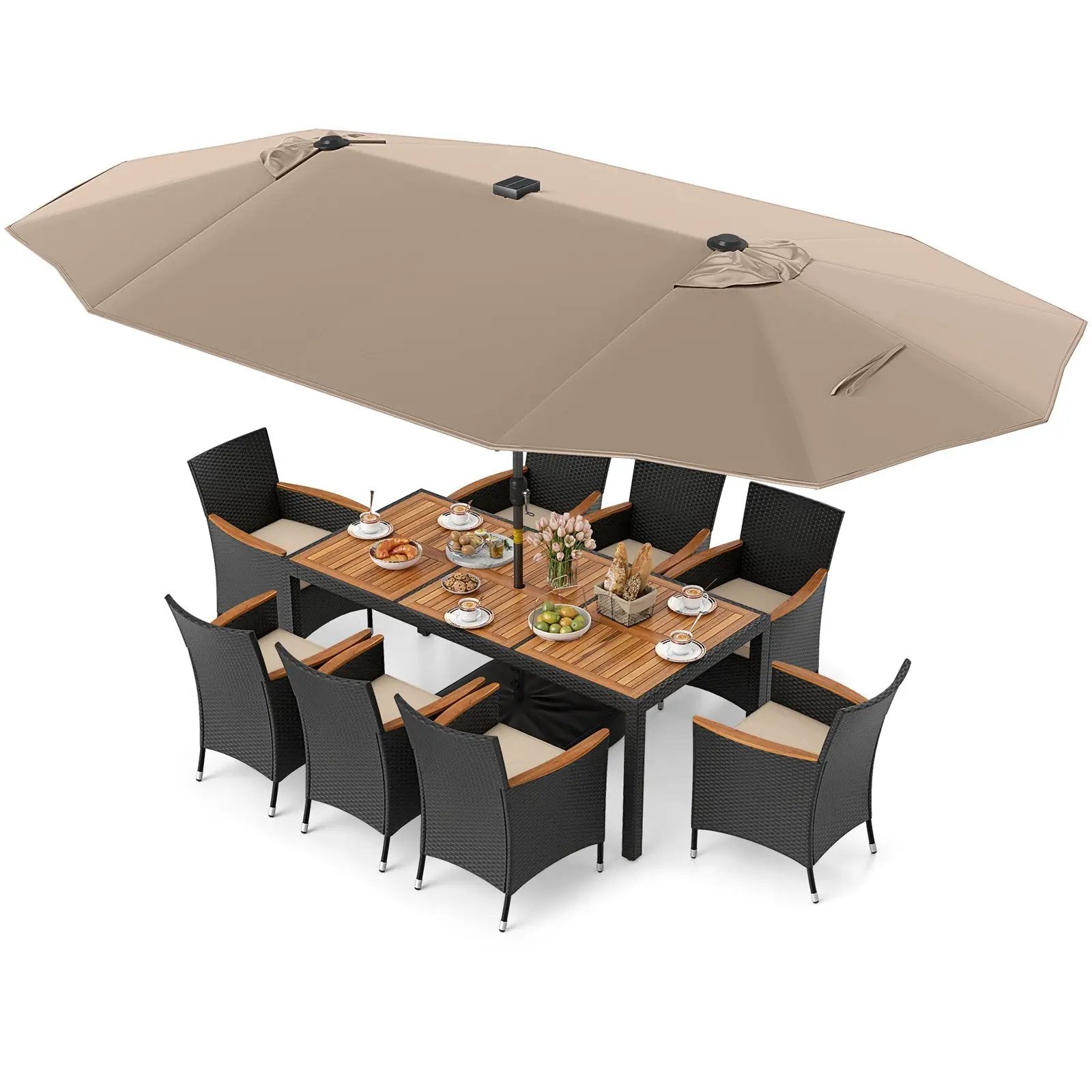11 Pieces Patio Dining Set with LED Patio Umbrella with Base and Seat Cushions (Beige) by DirectDeals