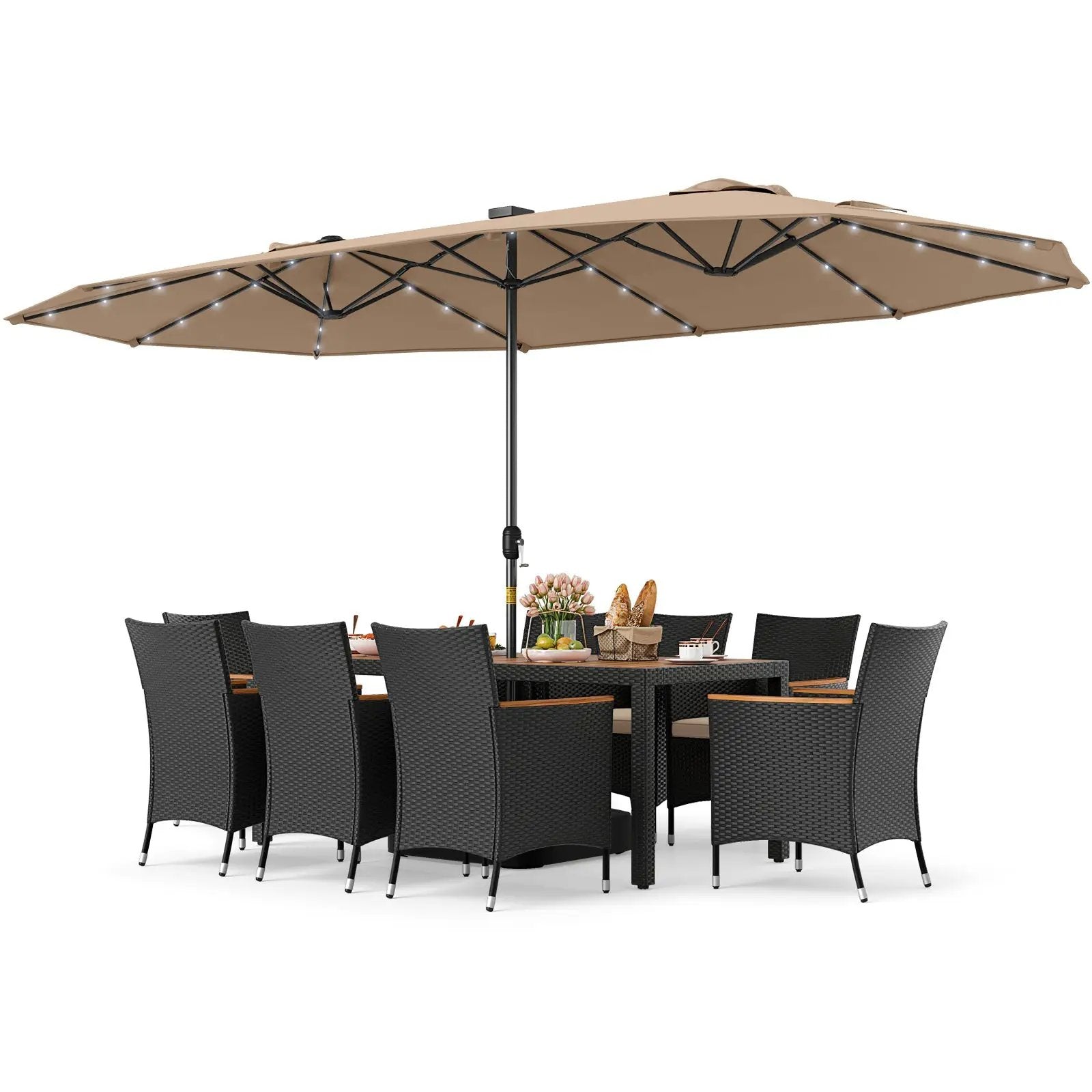 11 Pieces Patio Dining Set with LED Patio Umbrella with Base and Seat Cushions (Beige) by DirectDeals