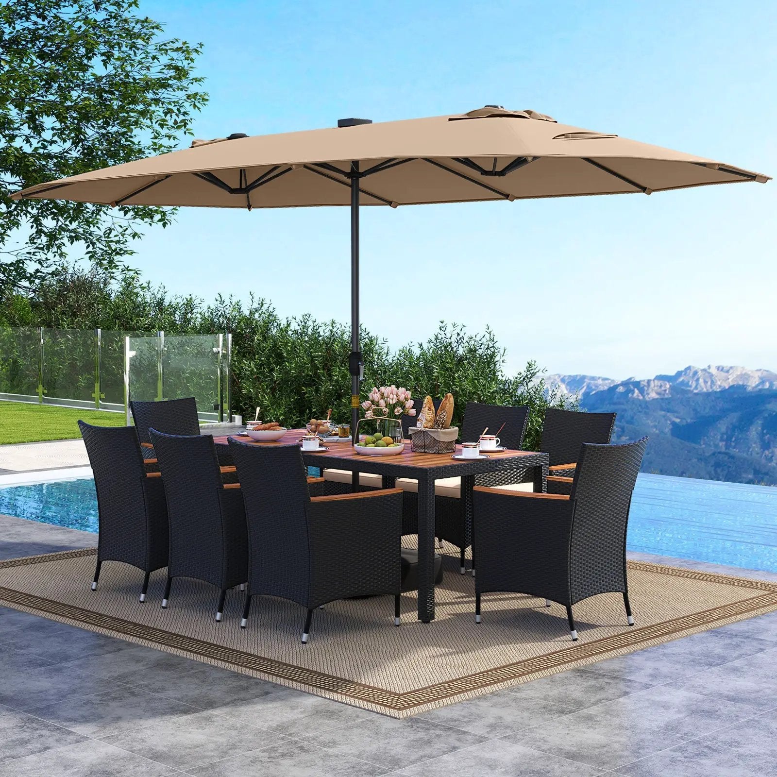 11 Pieces Patio Dining Set with LED Patio Umbrella with Base and Seat Cushions (Beige) by DirectDeals
