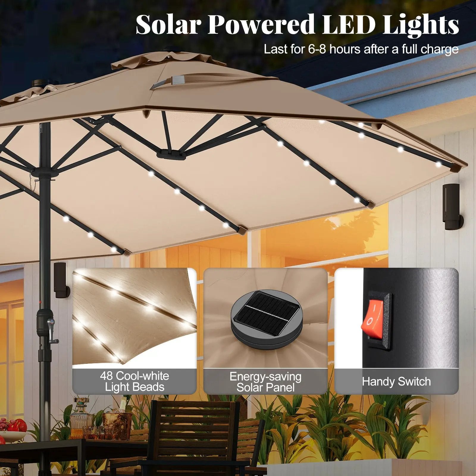 11 Pieces Patio Dining Set with LED Patio Umbrella with Base and Seat Cushions (Beige) by DirectDeals