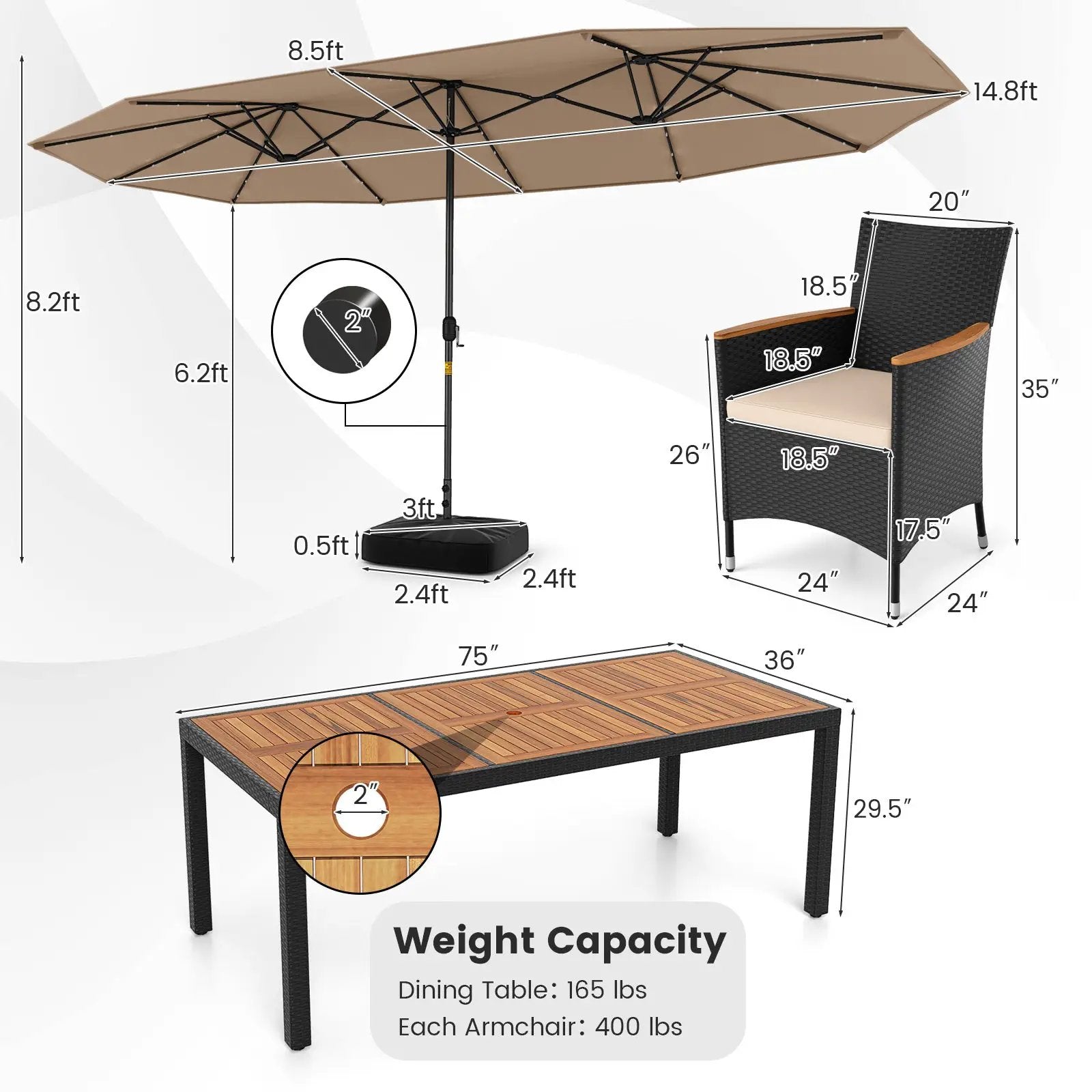 11 Pieces Patio Dining Set with LED Patio Umbrella with Base and Seat Cushions (Beige) by DirectDeals