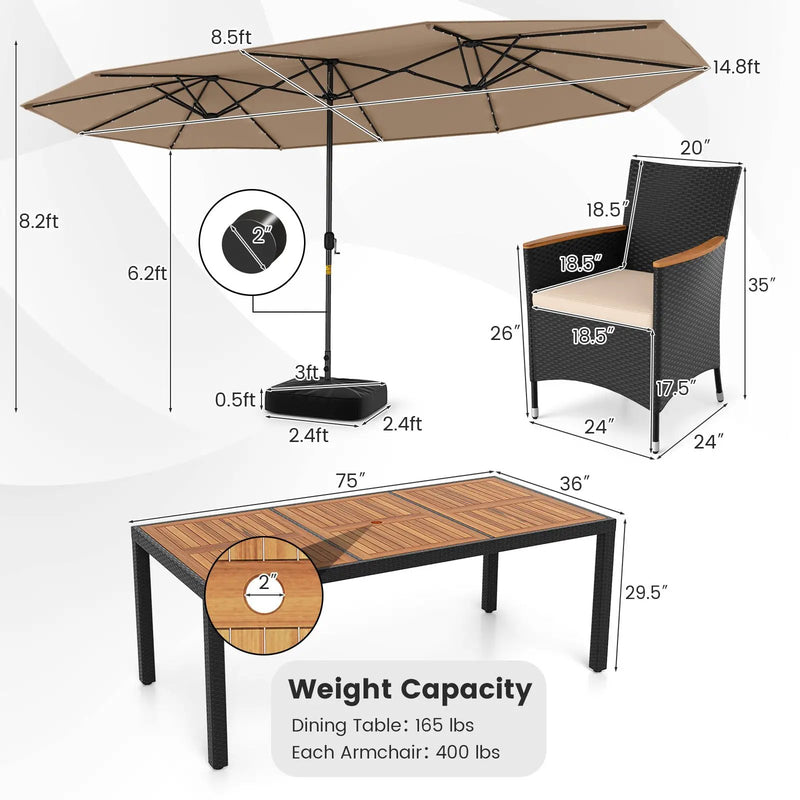 11 Pieces Patio Dining Set with LED Patio Umbrella with Base and Seat Cushions (Beige) by DirectDeals