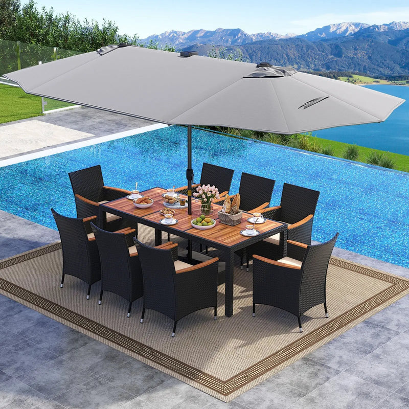 11 Pieces Patio Dining Set with LED Patio Umbrella with Base and Seat Cushions (Beige) by DirectDeals