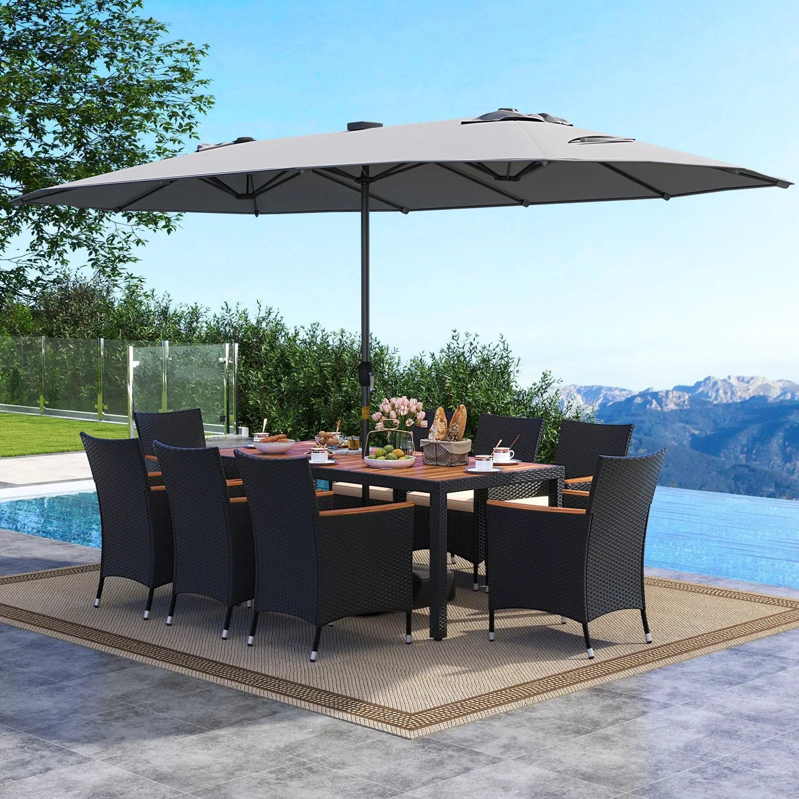 11 Pieces Patio Dining Set with LED Patio Umbrella with Base and Seat Cushions (Beige) by DirectDeals