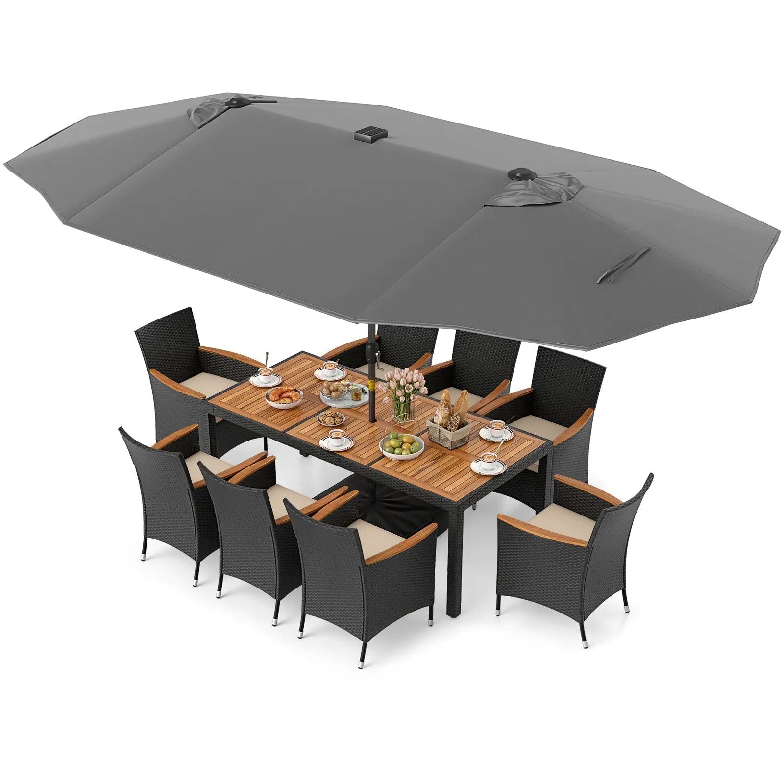 11 Pieces Patio Dining Set with LED Patio Umbrella with Base and Seat Cushions (Beige) by DirectDeals