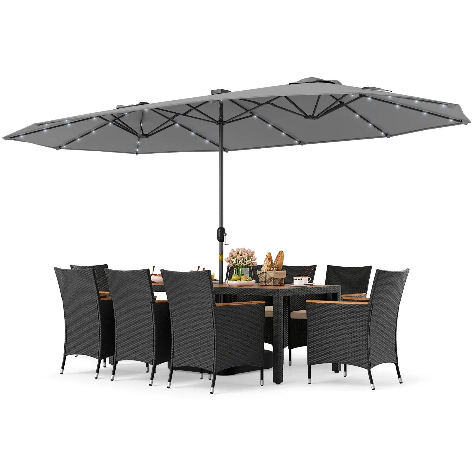 11 Pieces Patio Dining Set with LED Patio Umbrella with Base and Seat Cushions (Beige) by DirectDeals