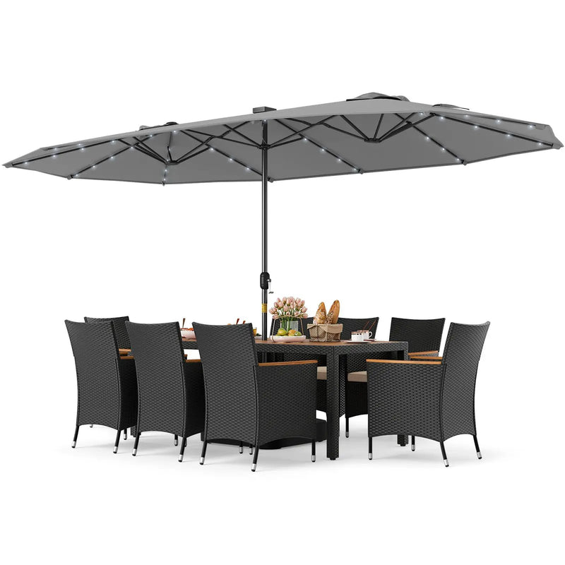 11 Pieces Patio Dining Set with LED Patio Umbrella with Base and Seat Cushions (Beige) by DirectDeals