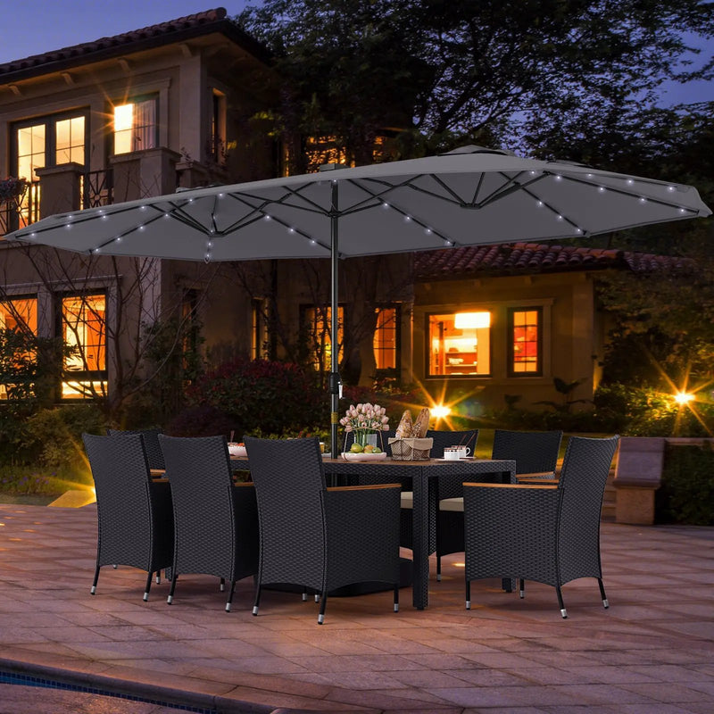 11 Pieces Patio Dining Set with LED Patio Umbrella with Base and Seat Cushions (Beige) by DirectDeals