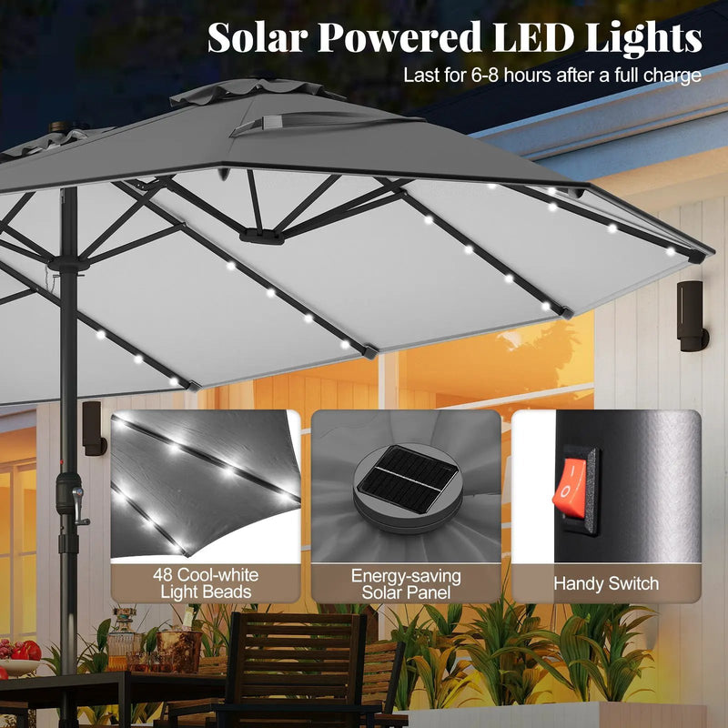 11 Pieces Patio Dining Set with LED Patio Umbrella with Base and Seat Cushions (Beige) by DirectDeals