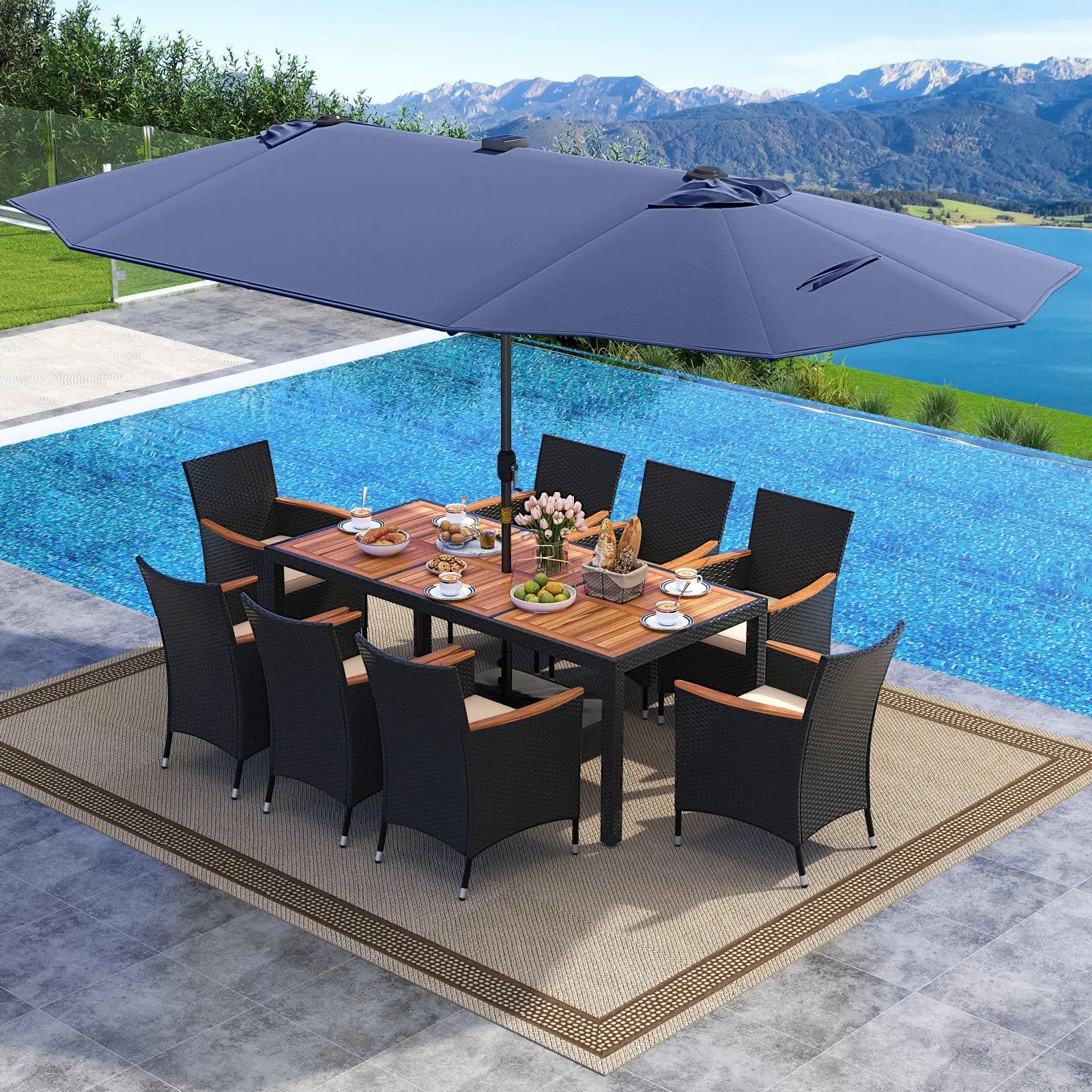 11 Pieces Patio Dining Set with LED Patio Umbrella with Base and Seat Cushions (Beige) by DirectDeals