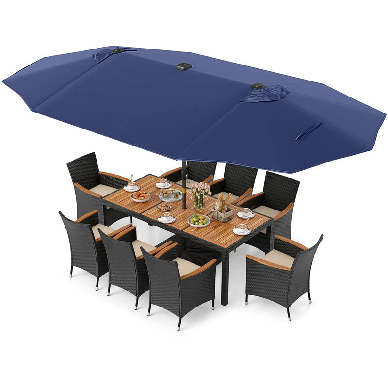 11 Pieces Patio Dining Set with LED Patio Umbrella with Base and Seat Cushions (Beige) by DirectDeals