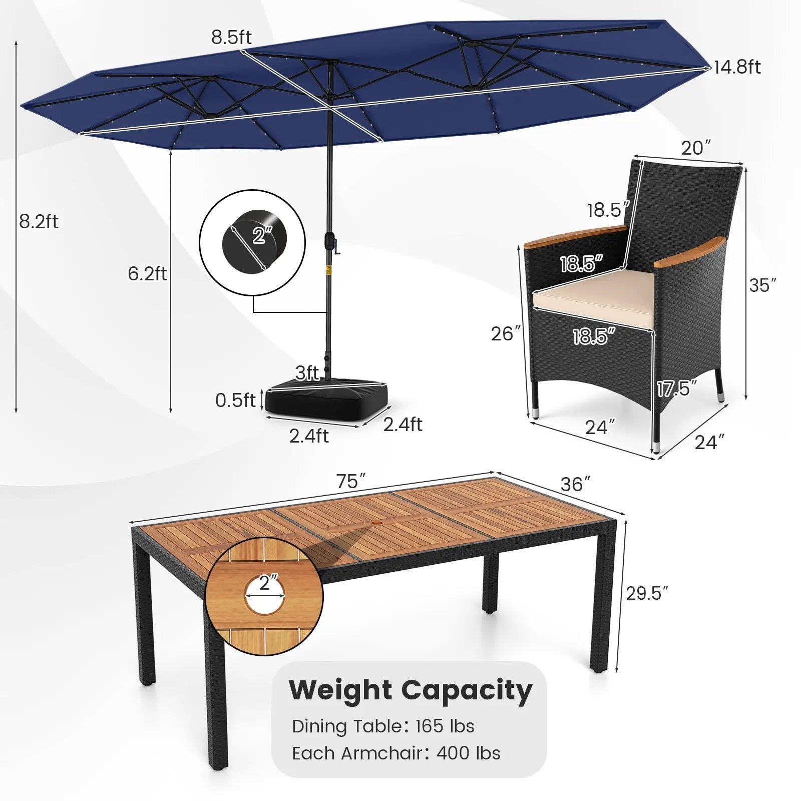 11 Pieces Patio Dining Set with LED Patio Umbrella with Base and Seat Cushions (Beige) by DirectDeals