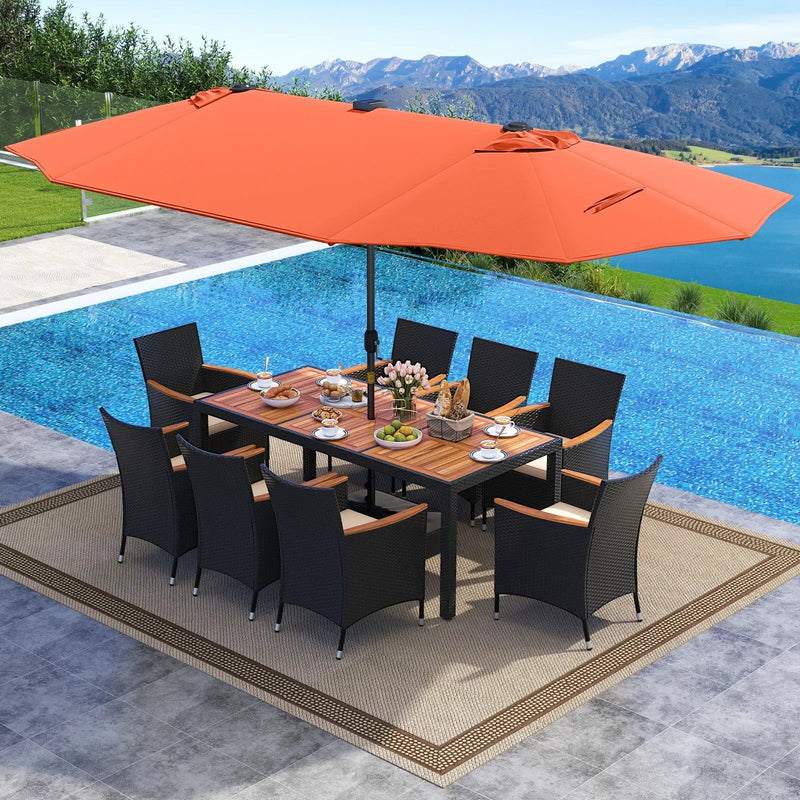 11 Pieces Patio Dining Set with LED Patio Umbrella with Base and Seat Cushions (Beige) by DirectDeals