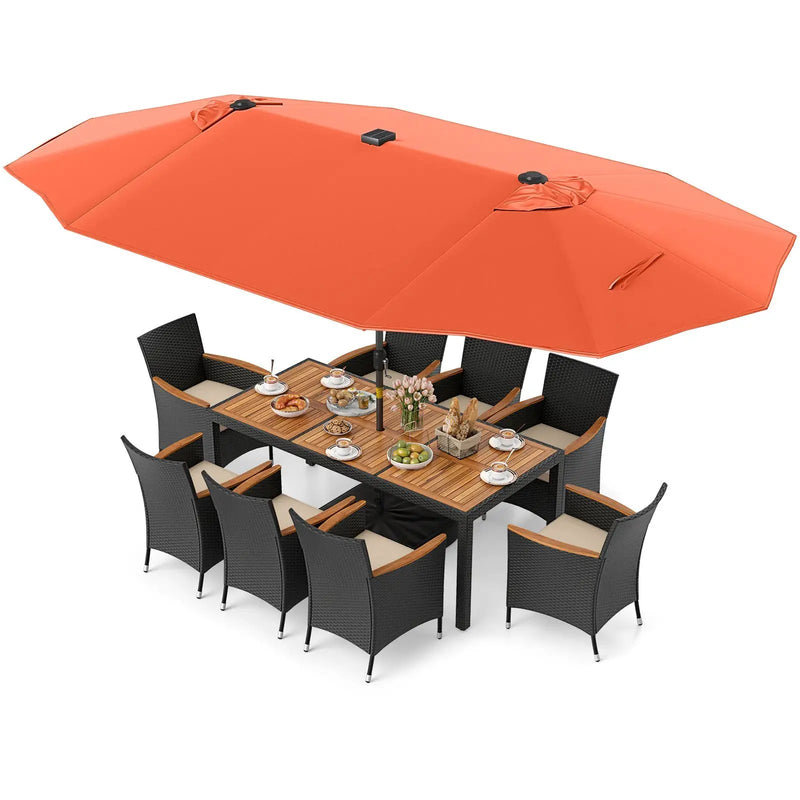 11 Pieces Patio Dining Set with LED Patio Umbrella with Base and Seat Cushions (Beige) by DirectDeals