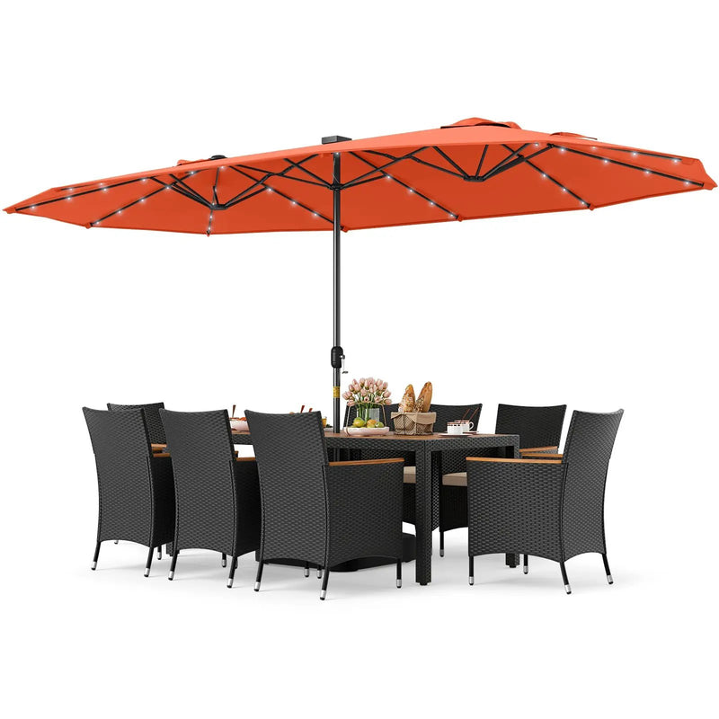 11 Pieces Patio Dining Set with LED Patio Umbrella with Base and Seat Cushions (Beige) by DirectDeals