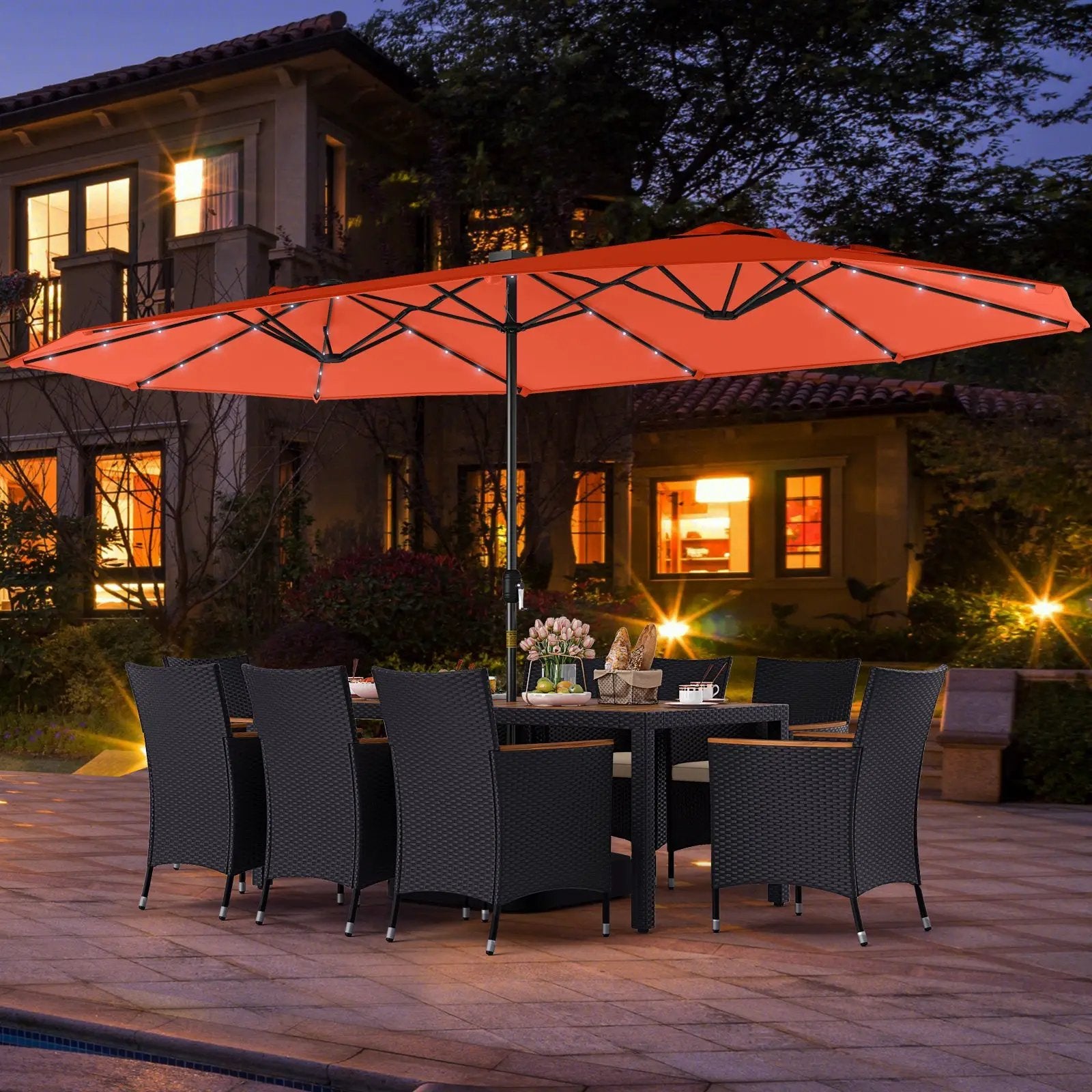 11 Pieces Patio Dining Set with LED Patio Umbrella with Base and Seat Cushions (Beige) by DirectDeals