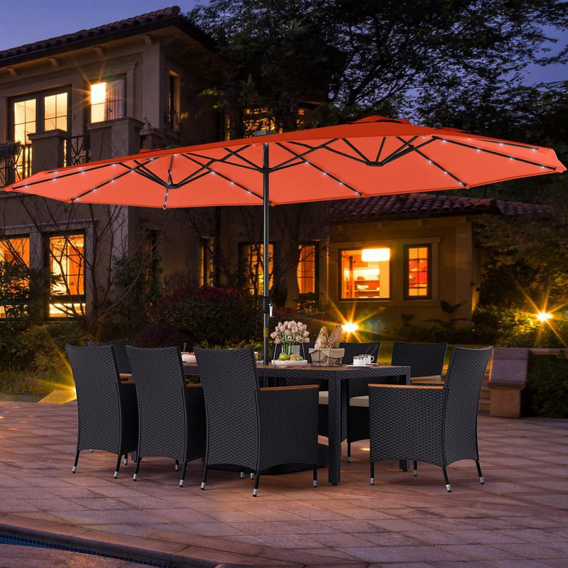 11 Pieces Patio Dining Set with LED Patio Umbrella with Base and Seat Cushions (Beige) by DirectDeals