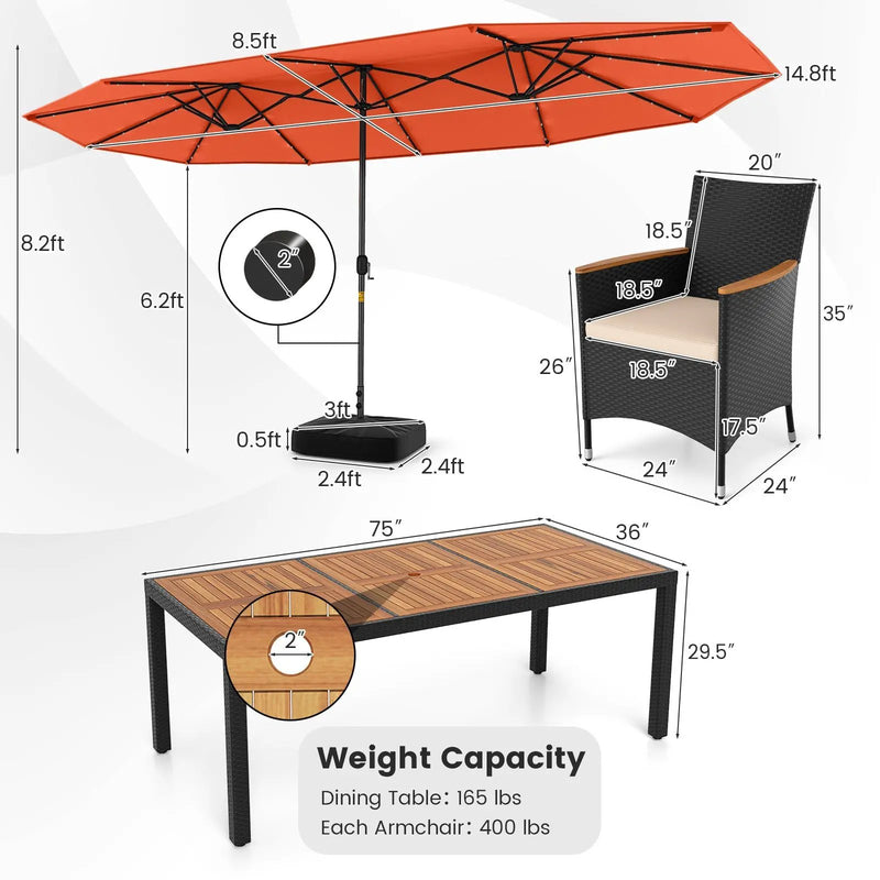 11 Pieces Patio Dining Set with LED Patio Umbrella with Base and Seat Cushions (Beige) by DirectDeals
