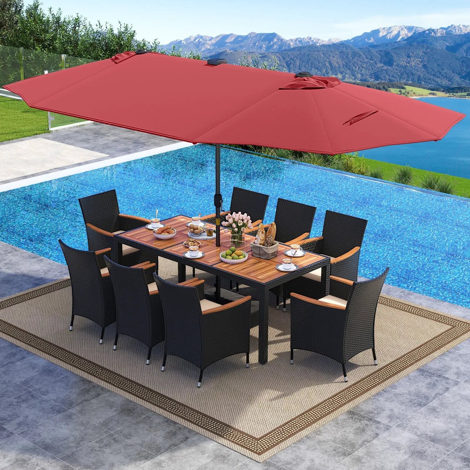 11 Pieces Patio Dining Set with LED Patio Umbrella with Base and Seat Cushions (Beige) by DirectDeals