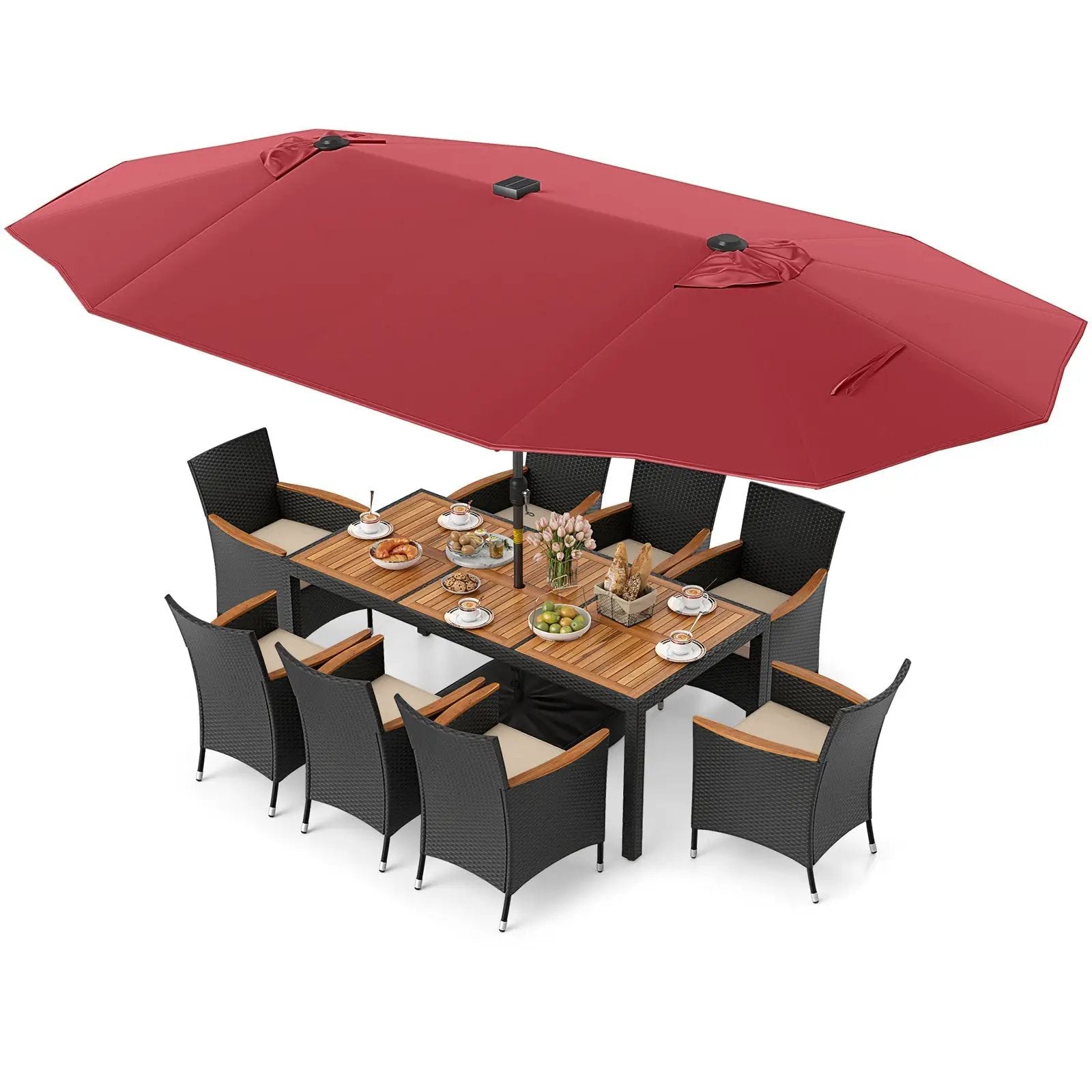 11 Pieces Patio Dining Set with LED Patio Umbrella with Base and Seat Cushions (Beige) by DirectDeals