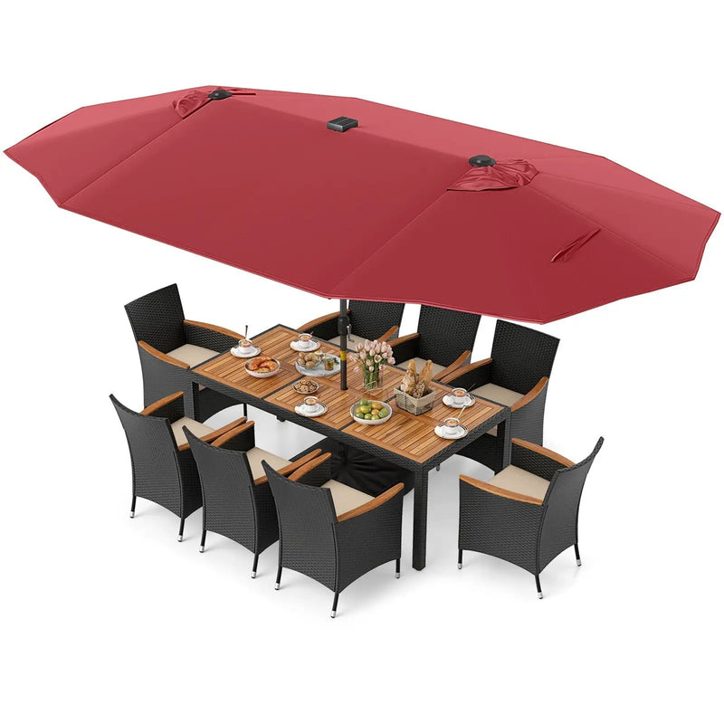 11 Pieces Patio Dining Set with LED Patio Umbrella with Base and Seat Cushions (Beige) by DirectDeals