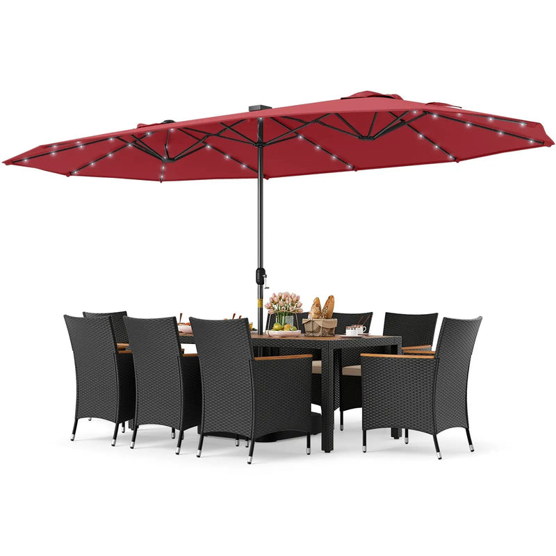 11 Pieces Patio Dining Set with LED Patio Umbrella with Base and Seat Cushions (Beige) by DirectDeals
