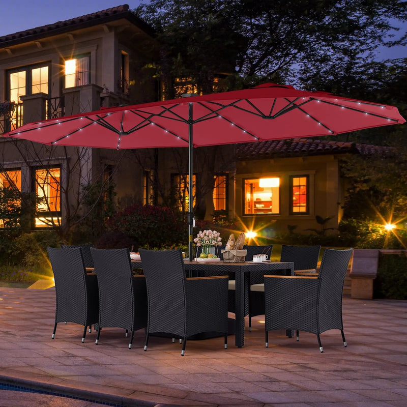 11 Pieces Patio Dining Set with LED Patio Umbrella with Base and Seat Cushions (Beige) by DirectDeals