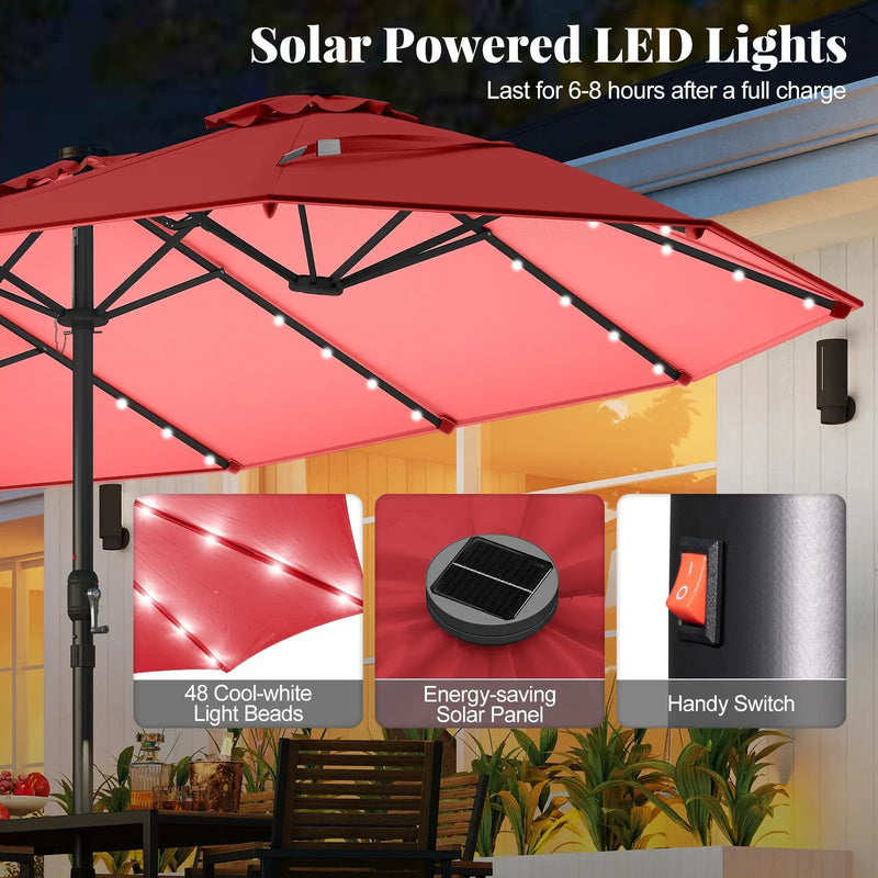 11 Pieces Patio Dining Set with LED Patio Umbrella with Base and Seat Cushions (Beige) by DirectDeals