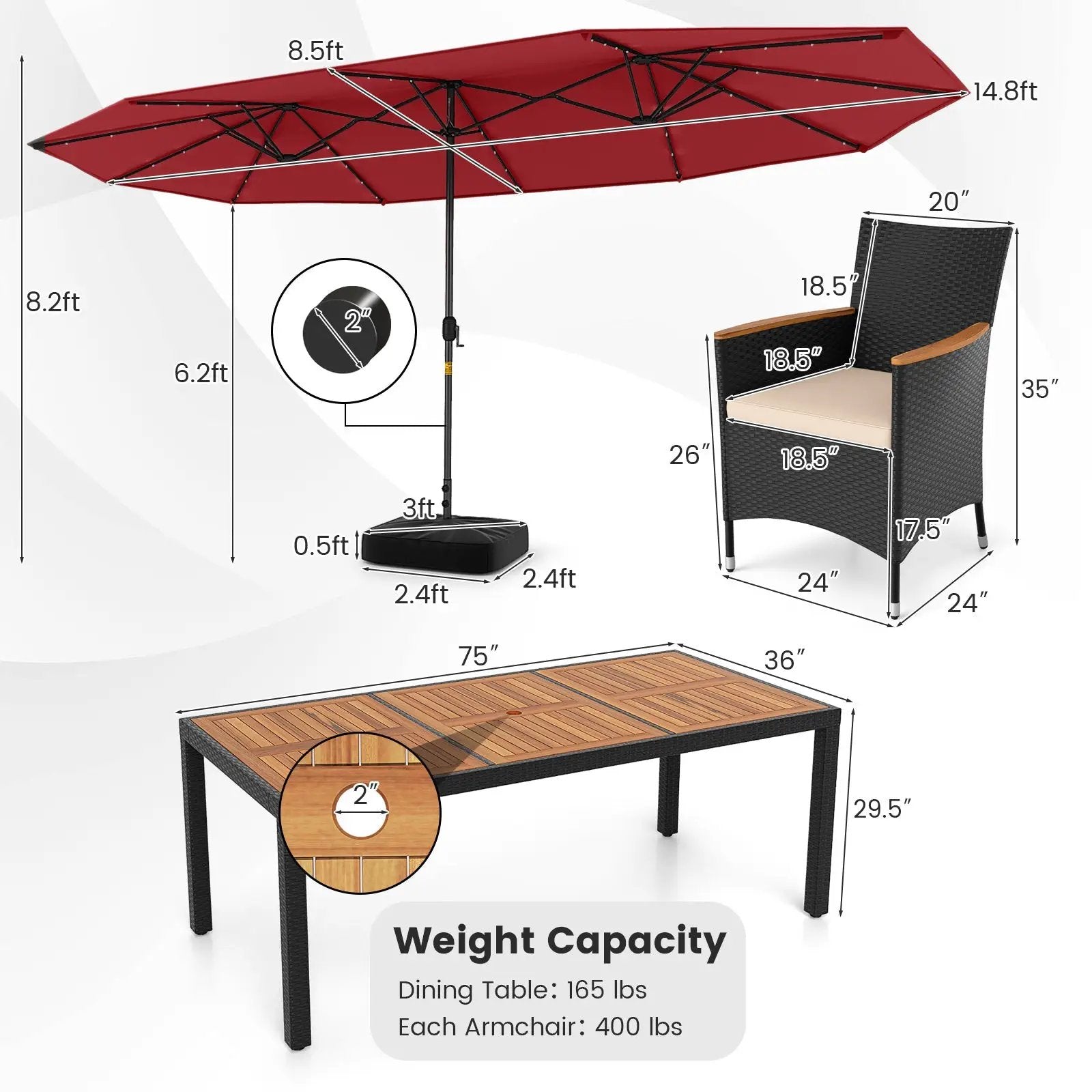 11 Pieces Patio Dining Set with LED Patio Umbrella with Base and Seat Cushions (Beige) by DirectDeals