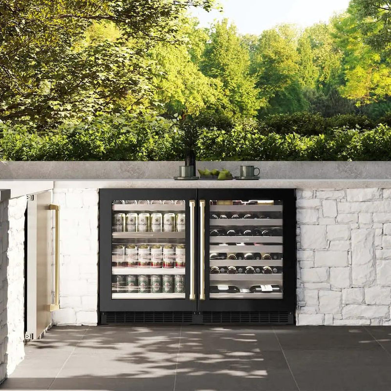 ZLINE 24" Touchstone 151 Can Beverage Fridge Black Stainless Steel Glass Door Champagne Bronze Handle RBSOZ-BS-24-CB by Farmhouse Kitchen and Bath