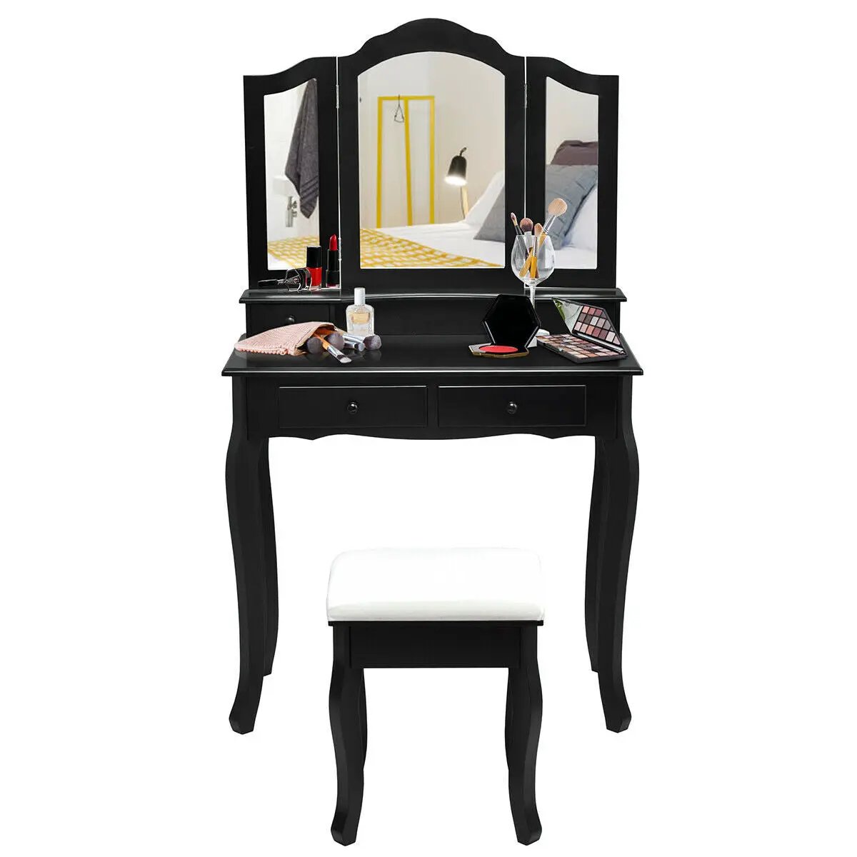 4 Drawers Wood Mirrored Vanity Dressing Table with Stool, photo 11 of 16