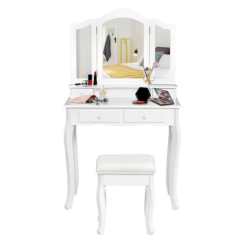 4 Drawers Wood Mirrored Vanity Dressing Table with Stool by DirectDeals