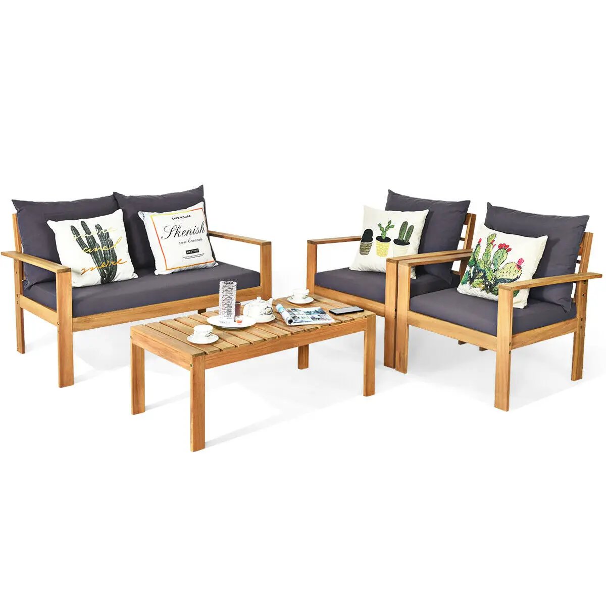 Outdoor 4 Pieces Acacia Wood Chat Set with Water Resistant Cushions, photo 8 of 11