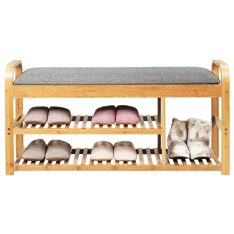 3-Tier Bamboo Shoe Rack Bench with Cushion-Natural by DirectDeals