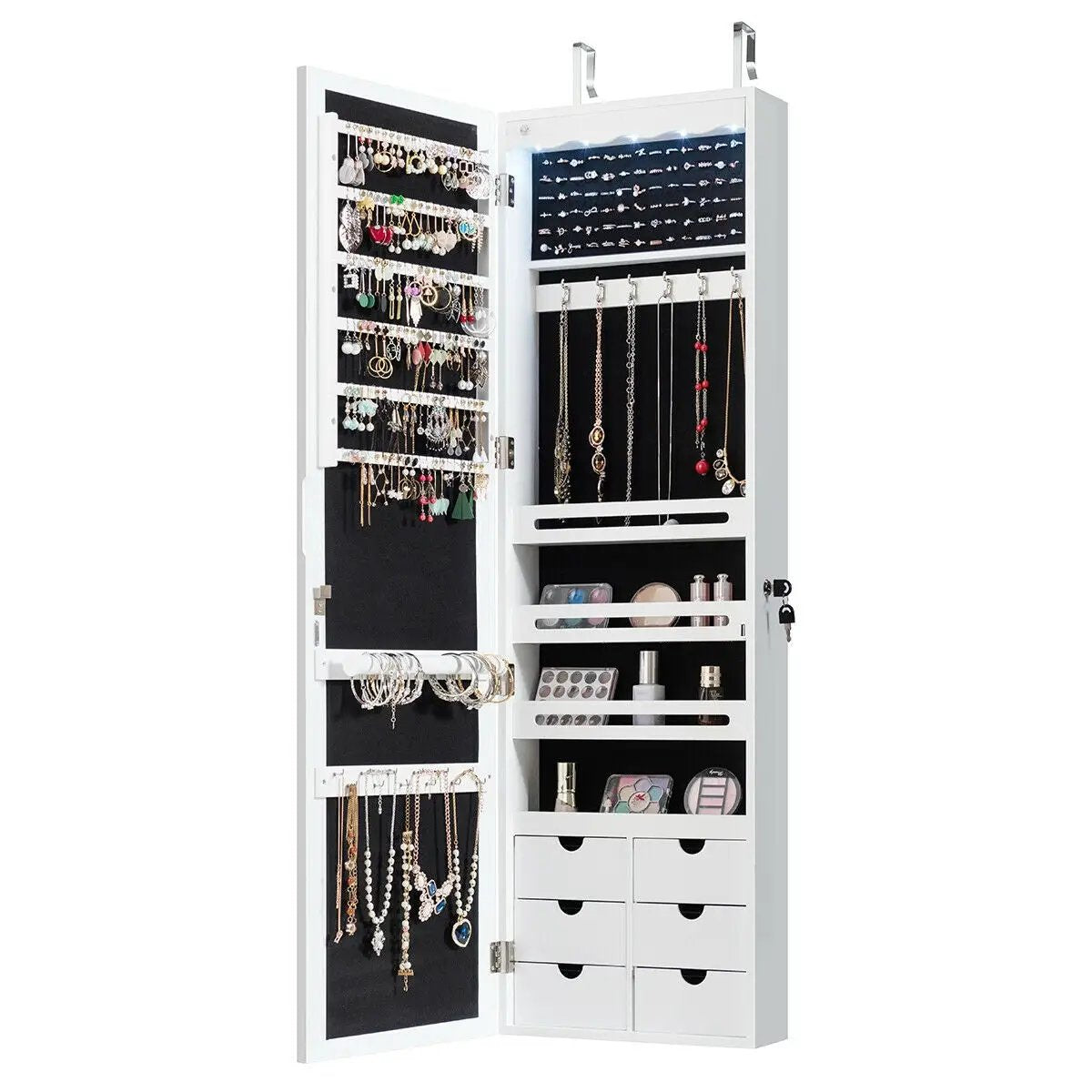 5 LEDs Lockable Mirror Jewelry Cabinet Armoire with 6 Drawers-White by DirectDeals