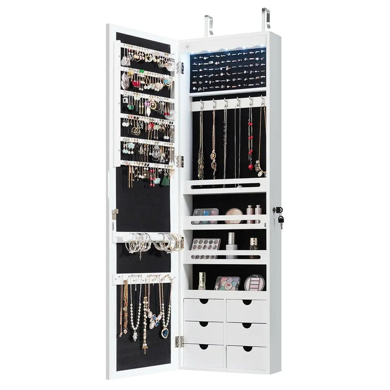 5 LEDs Lockable Mirror Jewelry Cabinet Armoire with 6 Drawers-White by DirectDeals