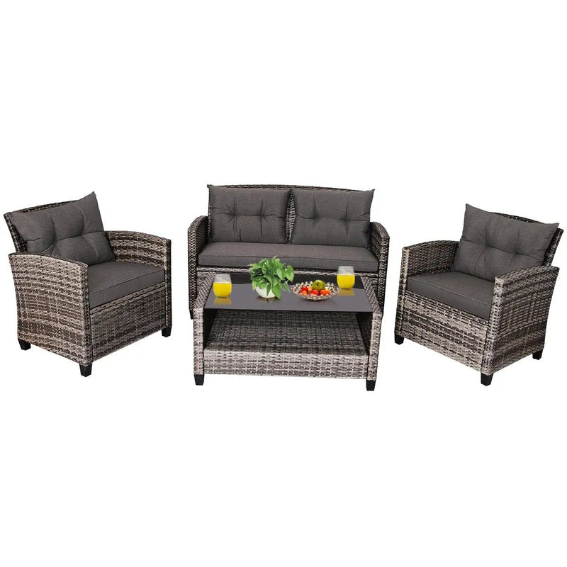 4 Pieces Patio Rattan Furniture Set Coffee Table Cushioned Sofa-Gray by DirectDeals