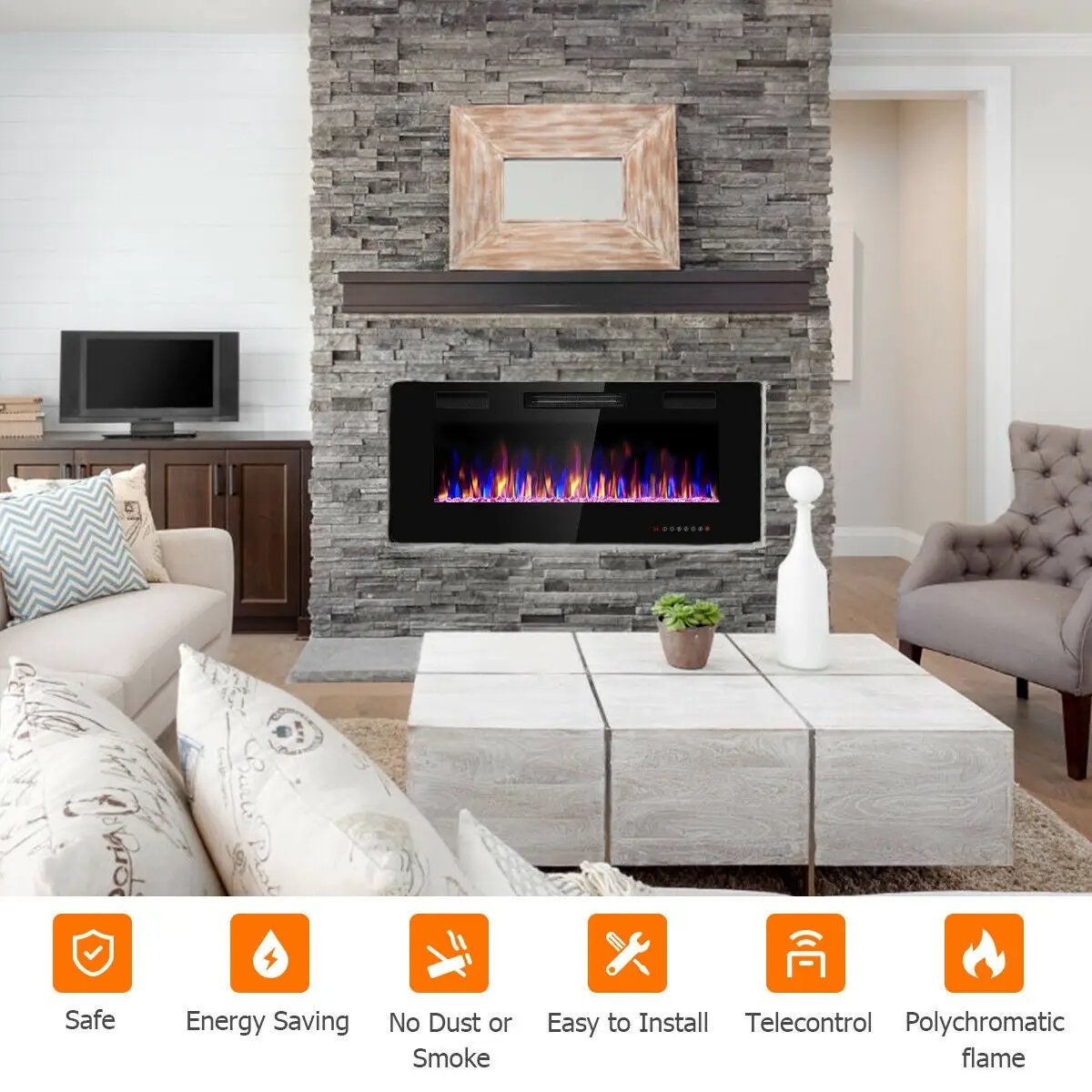 42 Inch Recessed Ultra Thin Electric Fireplace with Timer by DirectDeals