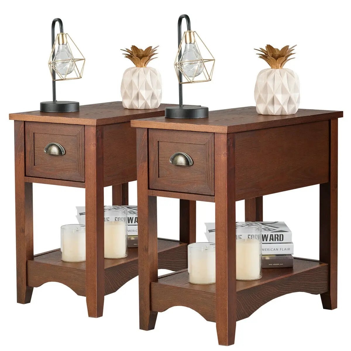 2 Pieces Retro Narrow Tiered End Table with Drawer and Storing Shelf, photo 7 of 10